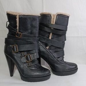 ALDO Black Buckle Shearling Heel Boots | Platform Winter Boots | Size 8 | Edgy